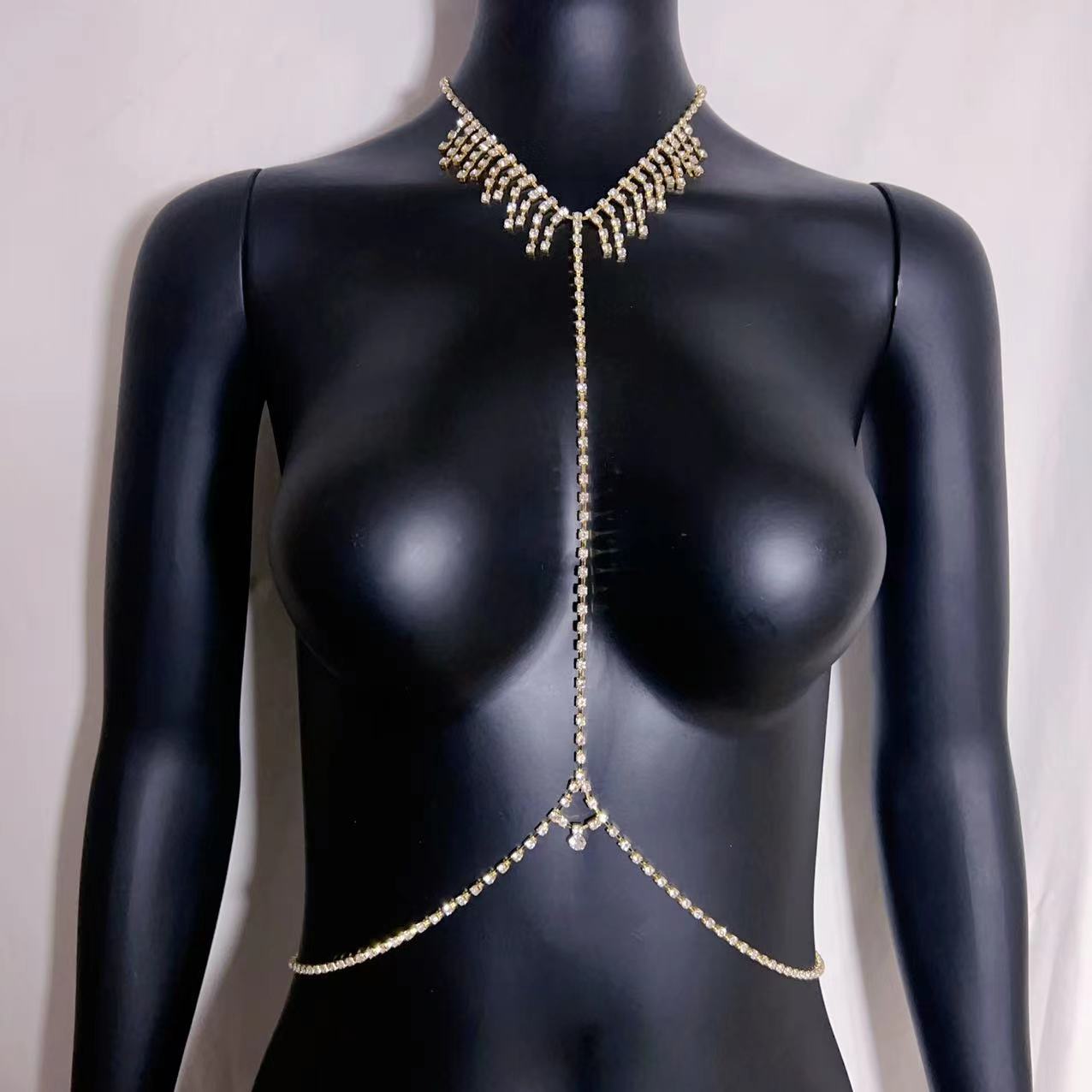 Picture of European and American Simple Beach Style Sexy Bikini Creative Body Chain Rhinestone Tassel Diamond Chest Chain Women's Waist Chain