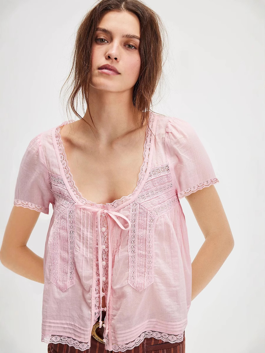 Europe and the United States cross-border three-dimensional sense of hollowed-out high-density organic cotton lace-up French lace-up light shirt