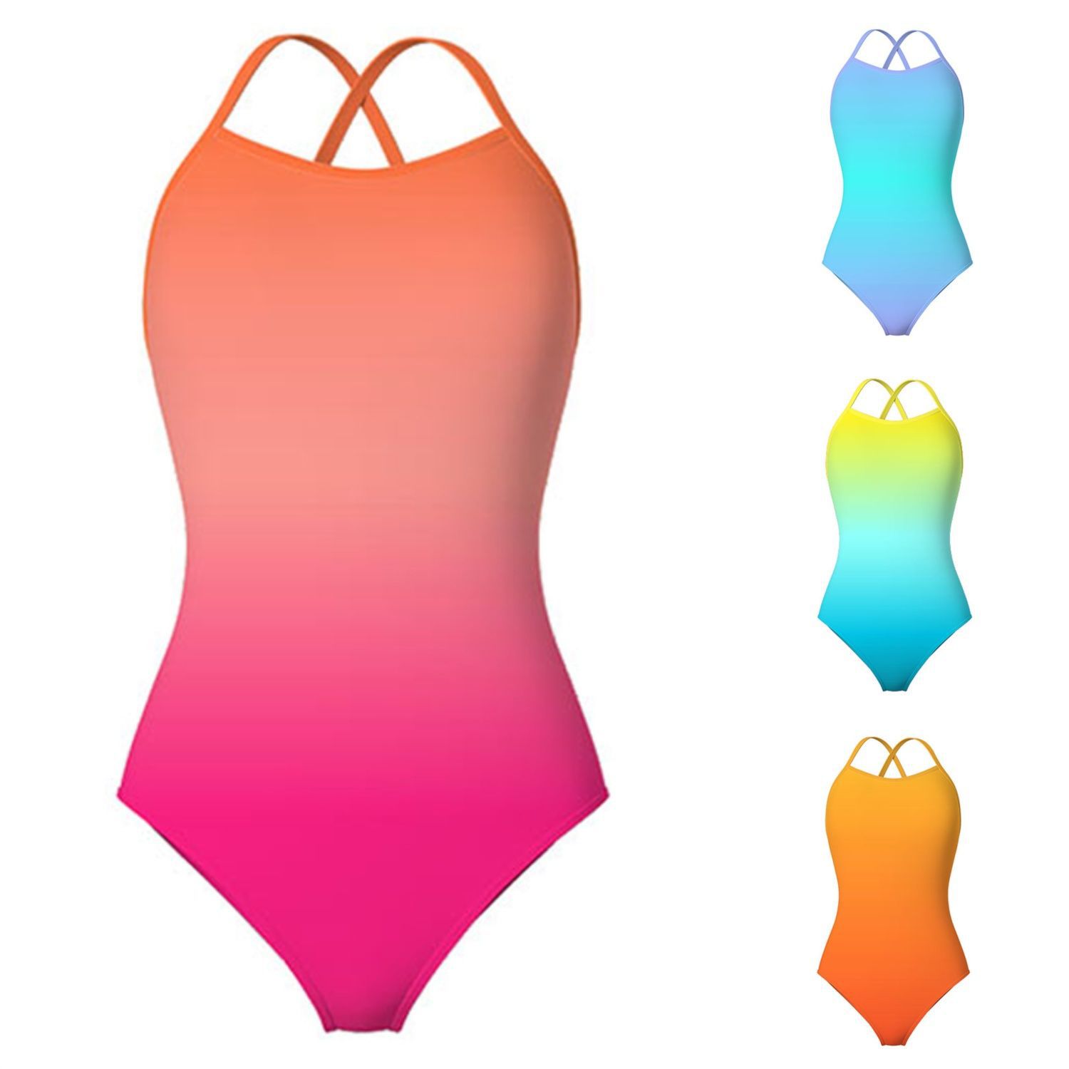 High-Looking Gradient Color Double-Layer One-Piece Competitive Swimsuit for Women, Summer Professional Sports Training, Mid-Low-Cut, Belly-Covering, Slimming Look