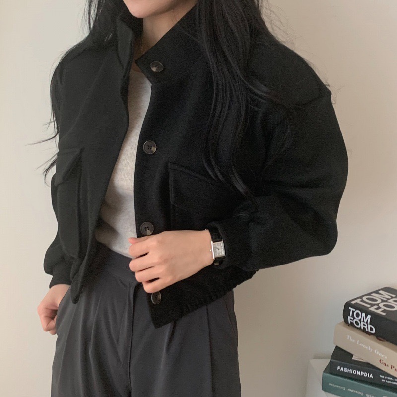 Picture of Autumn and Winter Loose Woolen Coat for Women Plus Size Pocket Small Stand Collar Top Long Sleeve Button Hong Kong Style Woolen Women's Clothing Wholesale