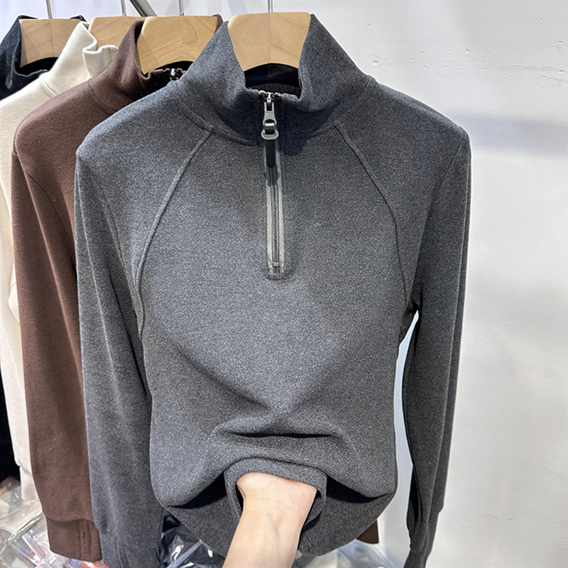 German velvet warm solid color zipper half cardigan stand collar long sleeve sweater women's autumn and winter 2024 new simple top trend