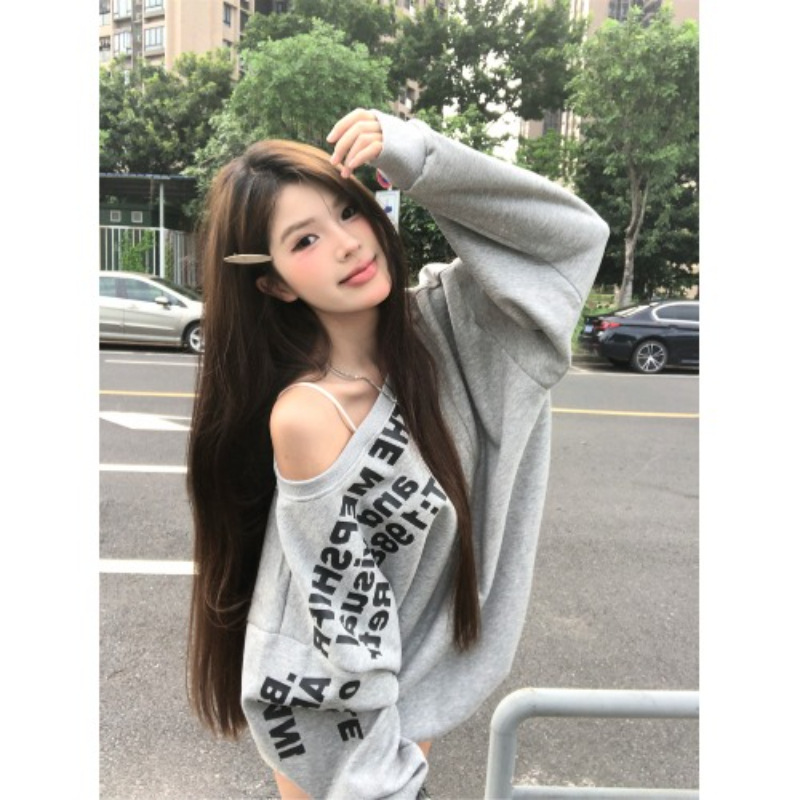 Huamian Composite American Style 2025 Spring and Autumn New Asymmetrical Shoulder Sweatshirt for Women, Fashionable Loose Lazy Style Casual Top Trend
