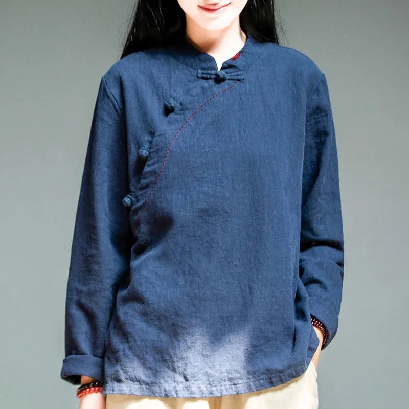 Women's Artistic Foreign Trade Retro Cotton Linen Long Sleeve Spring Summer Autumn Loose Slimming Top Vertical Collar Slant Flush Button Blouse