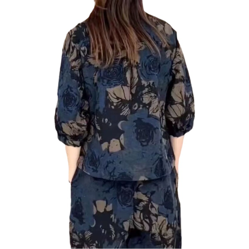 2023 Summer Loose Slimming Stylish Printed Casual Suit Age-Reducing Meat Covering Fashionable Vintage Harlan Pants Two-Piece Set