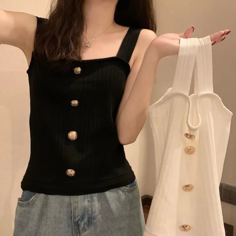 Summer New Style French Square Collar Gold Button Pit Striped Knitted Vest for Outer Wear Retro Slim Thin Inner Layering Shirt