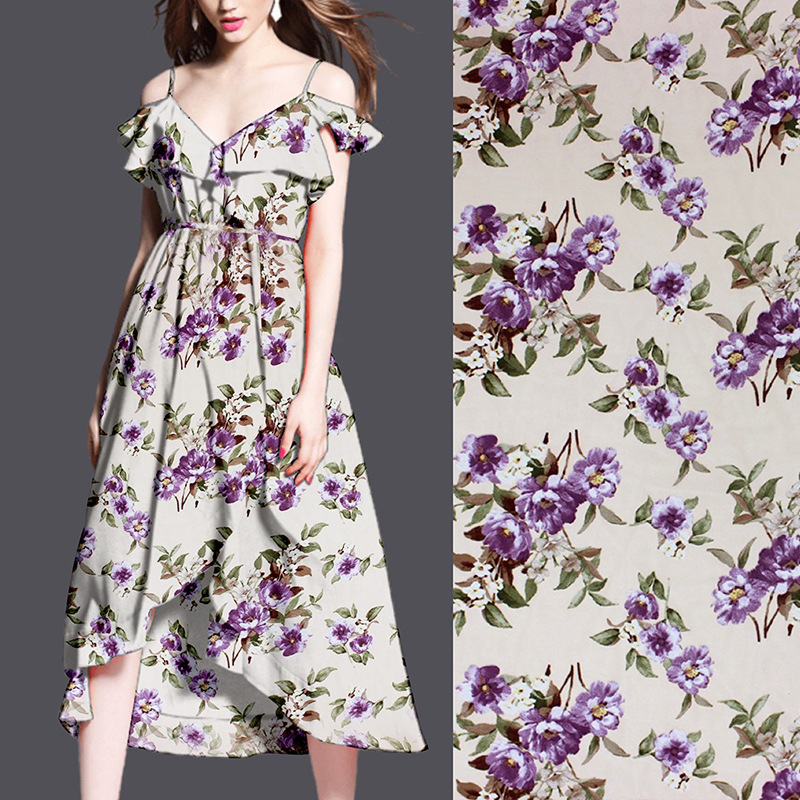 Chiffon Bead Fabric, Polyester Printed Fabric, Women's Clothing, Japanese and Korean Shirts, Dresses, Cheongsam Floral Printed Fabric