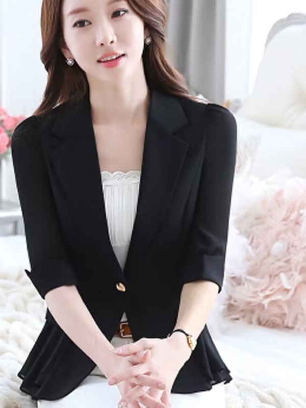 Spring, autumn and summer new small suit jacket short slim fit one button 3/4 sleeve ruffled chiffon women's thin suit