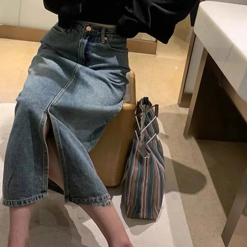 High waist Denim skirt women's summer 2024 Spring and Autumn New Design split mid-length retro hip skirt
