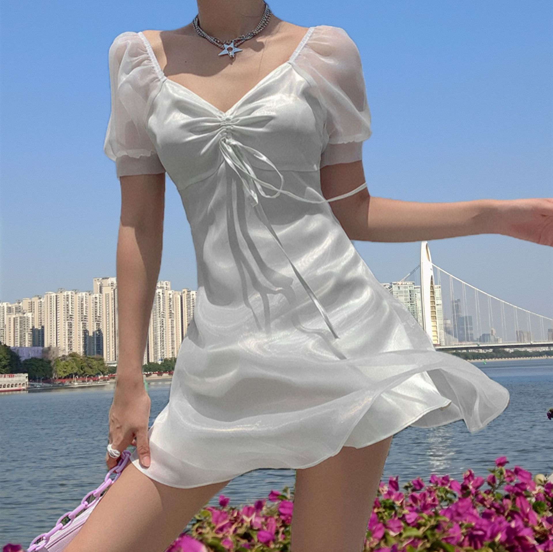 Spring and Summer European and American Independent Station Hottie Retro Waist Princess Dress Puff Sleeves See-Through Organza Mini Dress