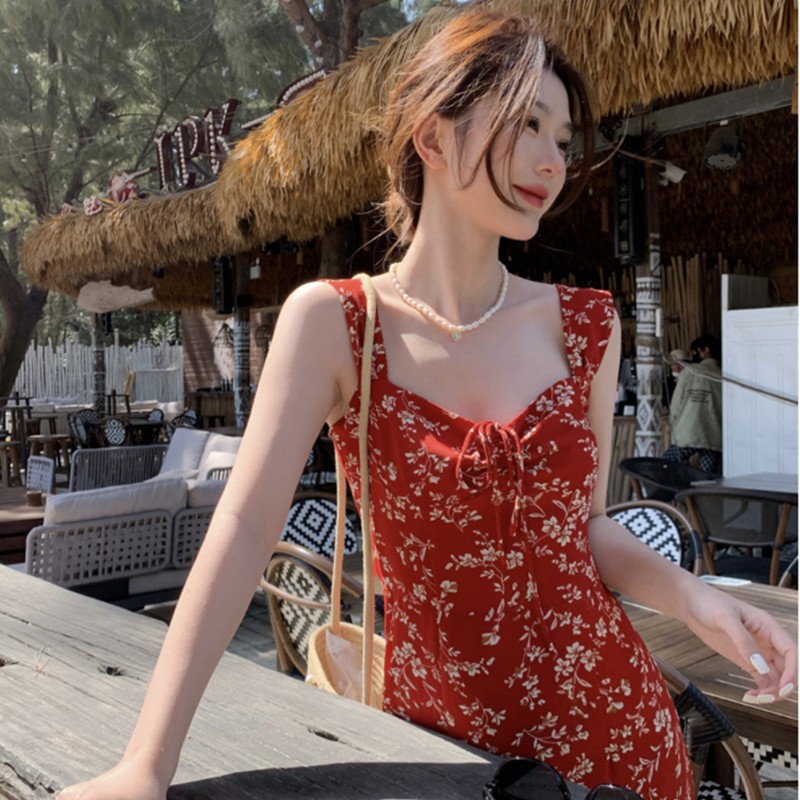 Tea Break French Red Floral Sling dress Children's Summer 2024 New Seaside Holiday Beach Long Dress
