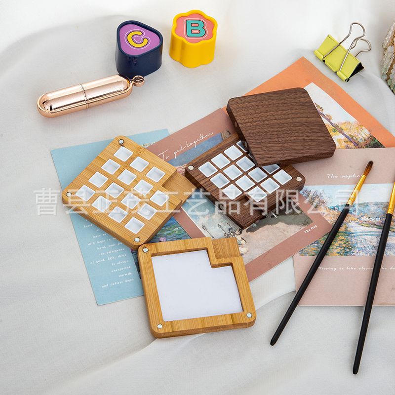 Picture of Children's Handmade ins Wind Magnetic Cover Black Walnut 15G Watercolor Pigment Wooden Box Portable Handicraft Paint Box
