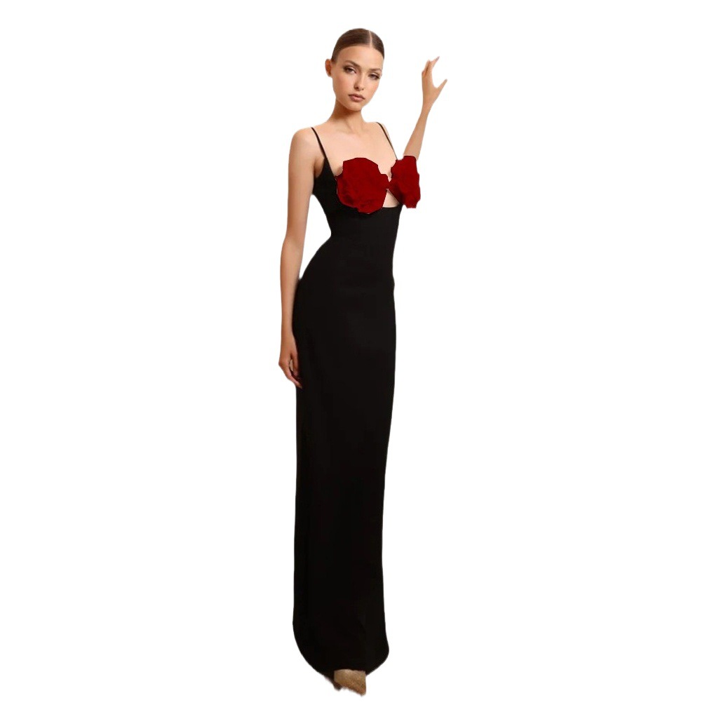 2024 cross-border new European and American sexy sling bandage dress fashion 3D three-dimensional flower socialite party dress