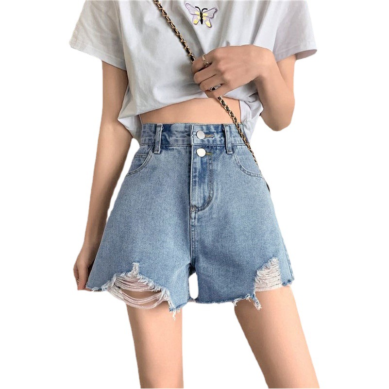 Summer Denim Shorts Women's High Waist 2022 New Double Buckle Slim-fit Loose Internet Popular Hot Hot Girl Hot Pants with Ripped A- line Ins