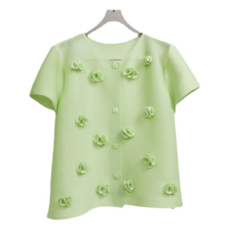 High-end Pleated Top Women's All-match Slim-fit Summer New Miyake High-end Western-style Short-sleeved T-shirt Women's Cardigan