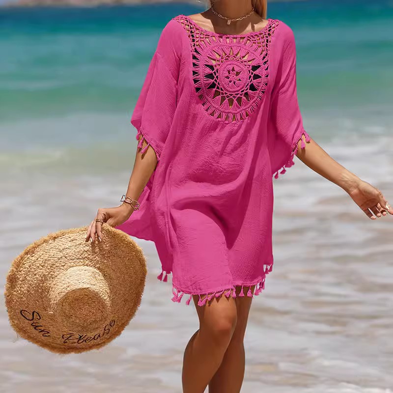 Picture of Loose bikini tassel blouse beach coat women's hollow pullover hot spring blouse seaside sun protection swimsuit outer wear