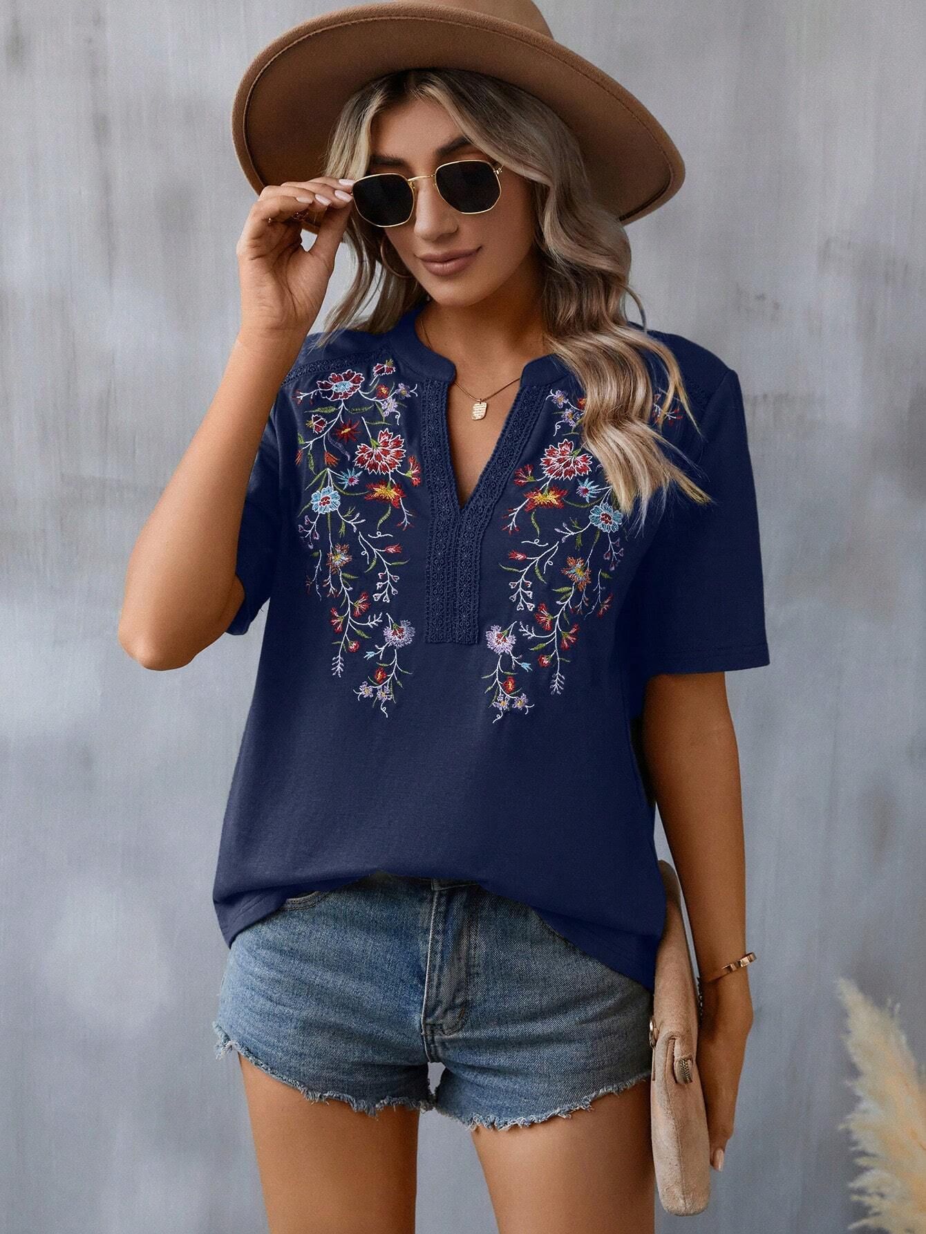 Picture of 2025 Europe and America Amazon Cross-border Summer New Fashion Ten Thousand Needles Embroidery Stitching Lace Top Women's T