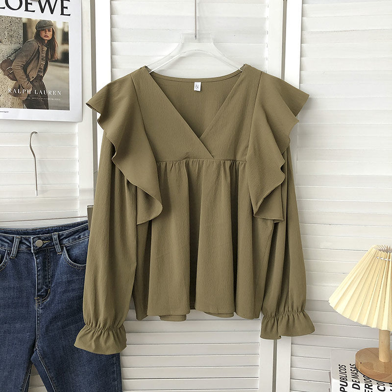 Picture of Autumn 2022 Korean-style Retro All-match Loose V-neck Ruffled Long Sleeve Outer Wear Solid Color Doll Shirt Top