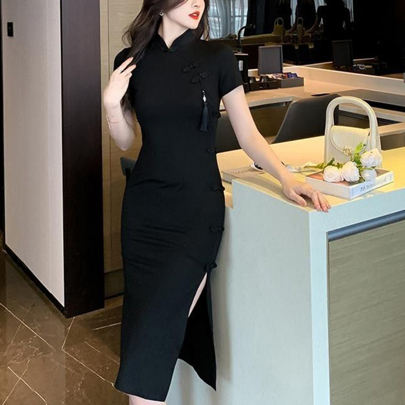 Vintage New Chinese Style Improved Cheongsam Women's Spring and Summer Black Split Hip Skirt National Style Tassel Buckle Dress