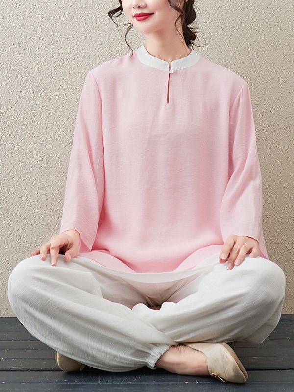 Picture of 2024 Spring and Autumn New Literary Retro Loose Cotton and Linen Zen Tea Suit National Style Tai Chi Suit Yoga Wear Two-Piece Set