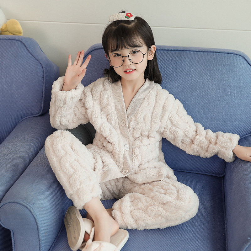 Picture of Children's Pajamas Flannel Autumn and Winter Girls' Coral Fleece Thickened Warm Style Middle and Large Children's Girls' Home Clothes suit