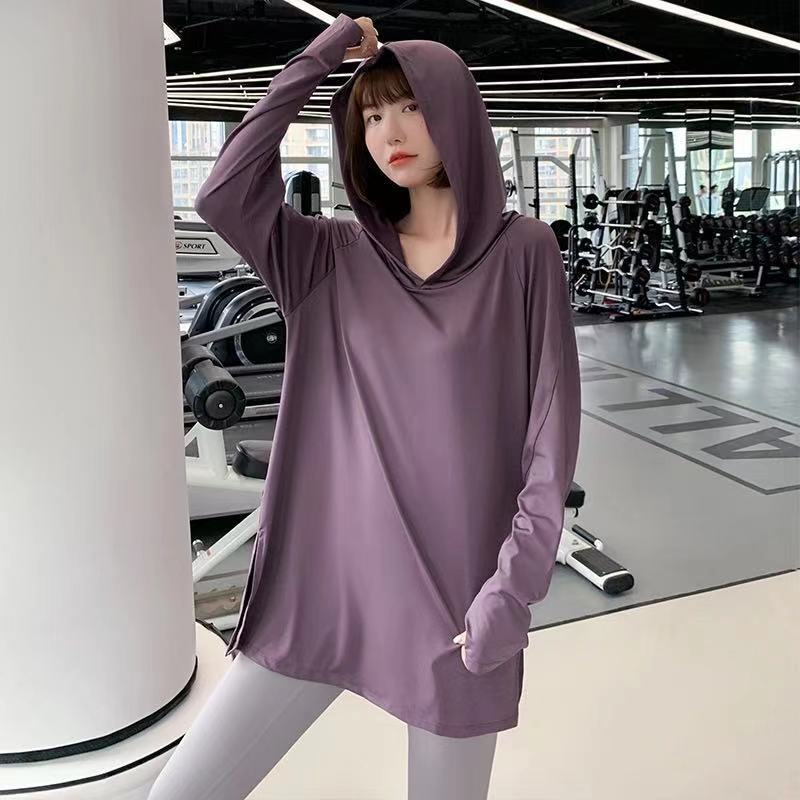 Mid-length Hooded Yoga Suit Sportswear Skinny Plus Size Women's Fitness Suit Running Room Loose T-shirt Top Trendy