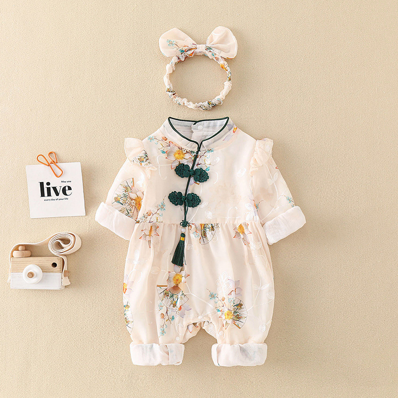 Picture of Baby Autumn Clothing Thin Chinese Style Romper Newborn Autumn One-Piece Clothes Baby Girl Full Month Hundred Days Dress