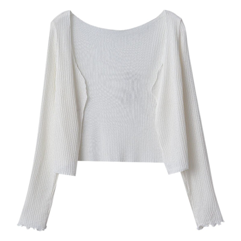 Ice Silk Sun-Protective Cardigan for Women, Summer Camisole Dress Outerwear, Short Knit Blouse, Long-Sleeve Top, Slimming Ruffled Edge