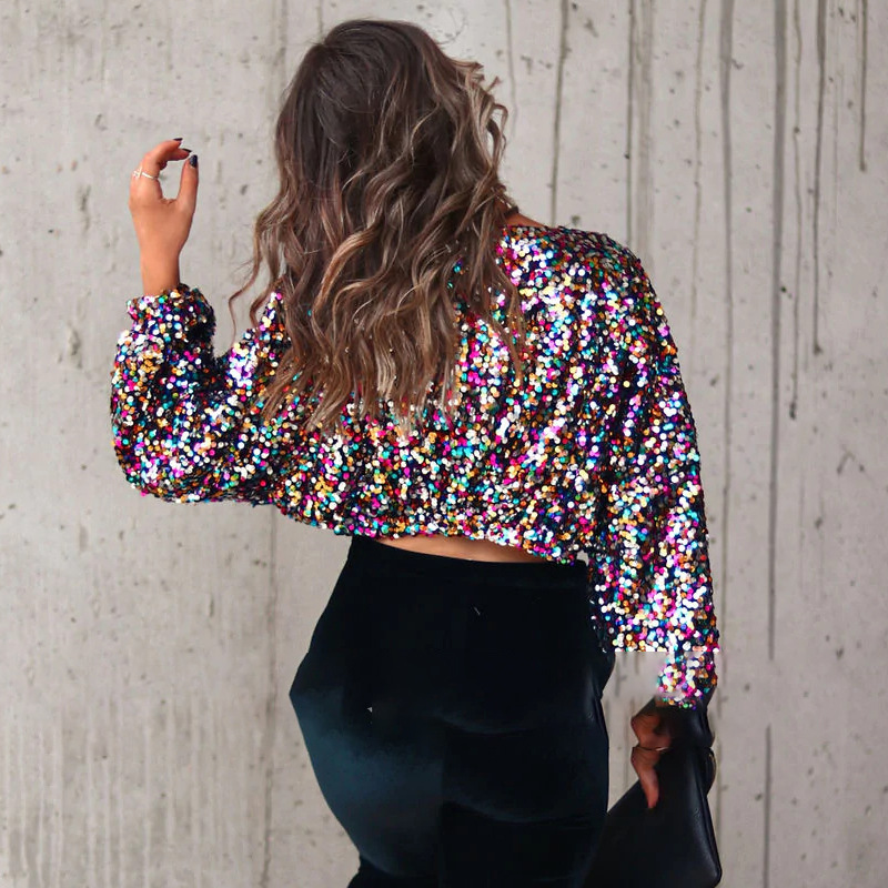 Aliexpress Ebay European and American 2023 Spring Disco Short Top Party T-Shirt Colorful Sequin Long Sleeve Women's Ins
