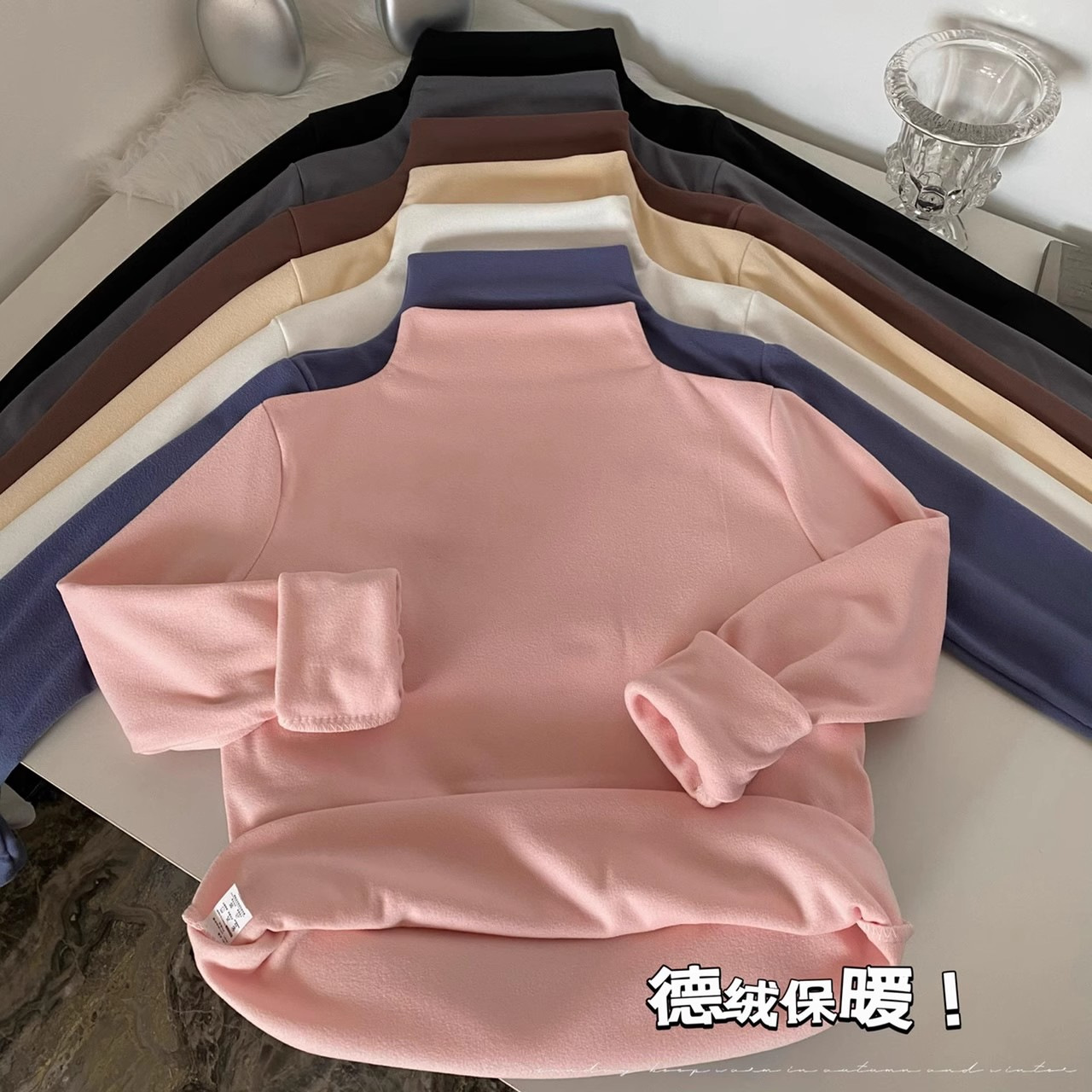 Autumn and Winter Pure Color German Velvet Half Turtleneck Bottoming Shirt for Women Spring & Fall New Style Long-Sleeved Warm Brushed Slim Top for Women