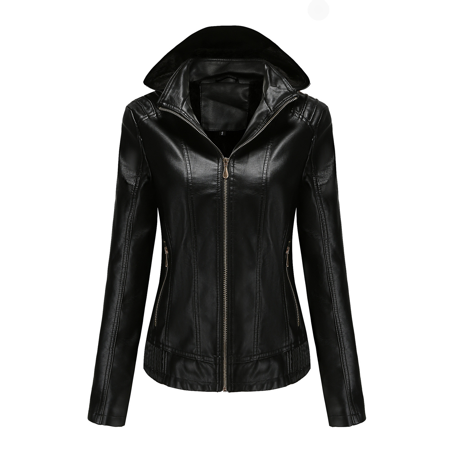 Picture of Fall 2022 Winter Hooded Leather Women's Removable Hat Zipper Long-sleeved fleece-lined Leather Jacket European-size Slim-fit Jacket Cross-border
