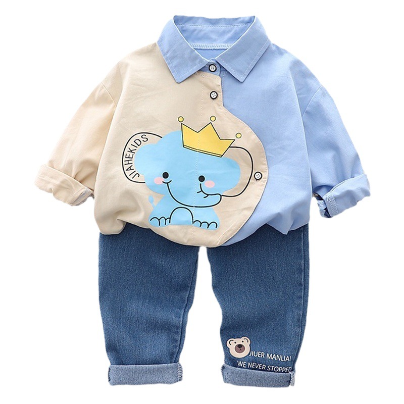 Boys' Shirt 2023 New Children's Shirt Spring and Autumn Long Sleeve Cartoon Long Sleeve Autumn Shirt Two-piece in stock