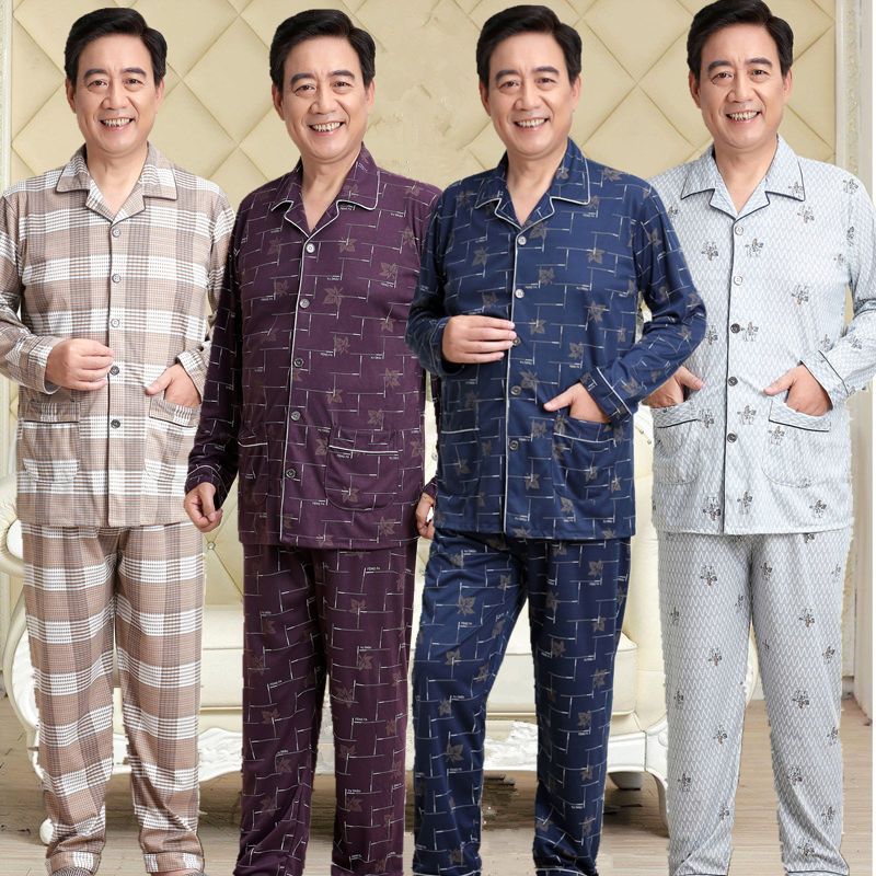 Middle-aged and elderly men's pajamas long-sleeved 100% cotton autumn and summer plus-size green and middle-aged father pajamas home clothing sets