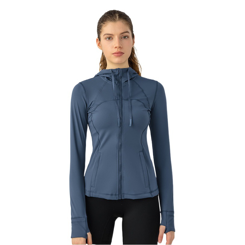 Autumn Winter Drawstring Hooded Jacket Solid Color Zipper Cardigan Yoga Sports Fitness Coat Women S2088 Quick Dry Breathable
