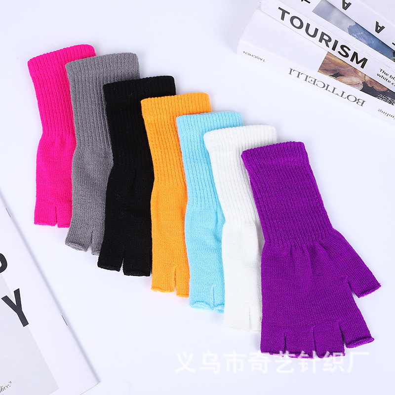 Wholesale new autumn and winter solid color fashion acrylic long sleeve long Luo Kou half finger warm clothing long knitted gloves