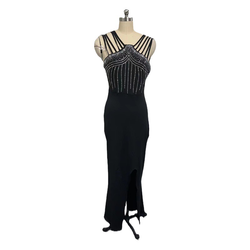 Cross-border foreign trade new black rhinestone elegant fairy sleeveless fashion one-piece elegant mid-length strap evening dress