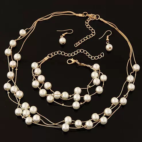 European and American Cross-border Jewelry Fashion Exaggerated Imitation Pearl Multi-layer Necklace Earrings Bracelet Jewelry suit Bridal Jewelry Women