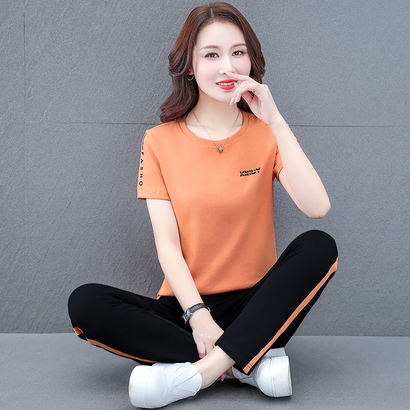 Picture of Pure Cotton Stretch Middle-aged Mother's Casual Sports Suit Women's Summer Short-sleeved Trousers All-match Square Dance Two-piece Set
