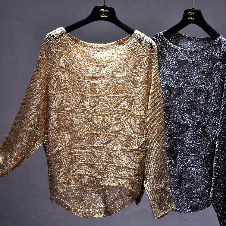 Spring 2020 New Loose plus size Gold Sequin Knitted Sweater Long Sleeve Sweater Hollow Pullover Batwing Shirt