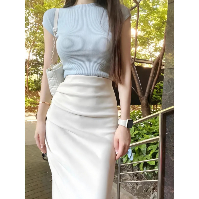 Internet Celebrity Elegant Light Mature Royal Sister Style Wear Blue T-shirt Hip Skirt Western Style Age-reducing Two-piece Suit for Women in Summer