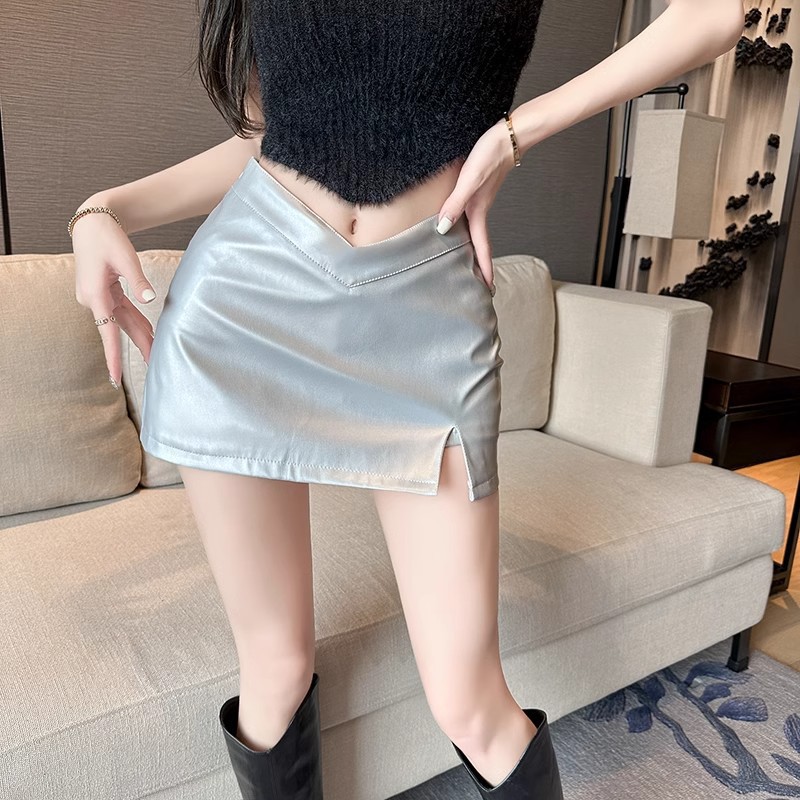 Irregular Split silver Skirt Women's Autumn High Waist Slimming Spice Girl Hip Leather Skirt A- line Skirt miniskirt