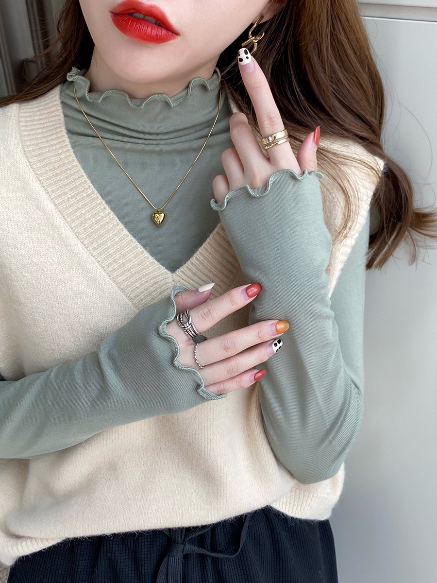 Women's Fleece Base Shirt with Half High Collar and Ear 2024 New Spring Autumn Winter Knitted Solid Color Long Sleeve T-Shirt Top