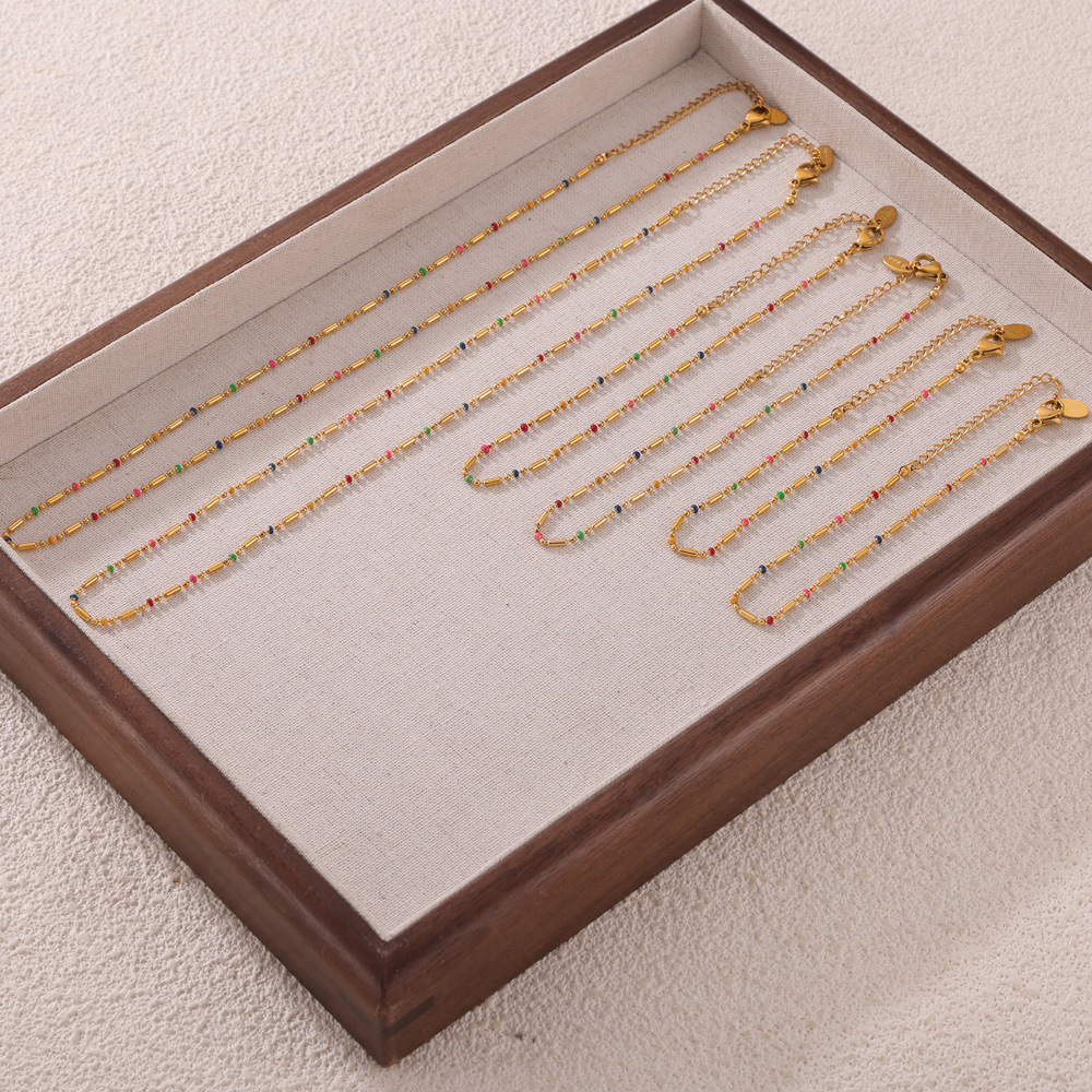 Korean Style Fresh and Elegant Simple Personality All-match Commuter Jewelry Rice Bead Chain Oil Dropping Design Sense Titanium Steel Jewelry suit