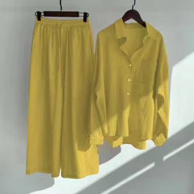 Picture of Cross-border Amazon Women's 2-piece Vintage Plus Size 2022 Cotton and Linen Shirt suit High Waist Loose Trousers