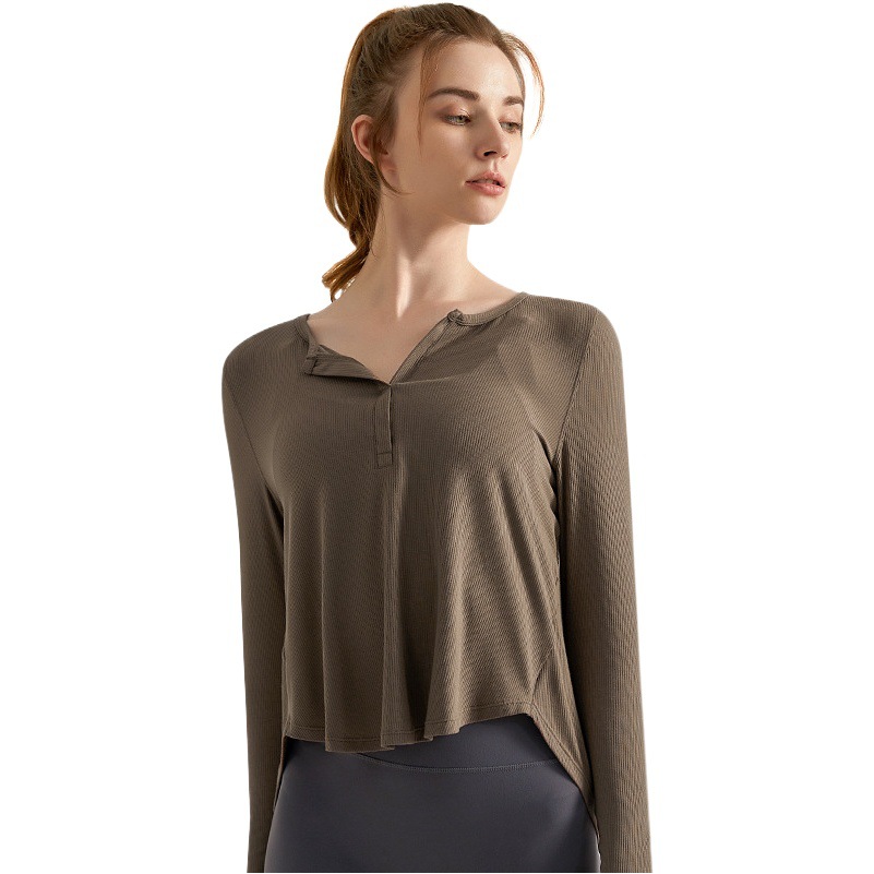 Lahn Sports Top Women's Long-Sleeved V-Neck Loose Quick-Drying Threaded Fabric Running Fitness Outer Yoga Cover-Up for Women