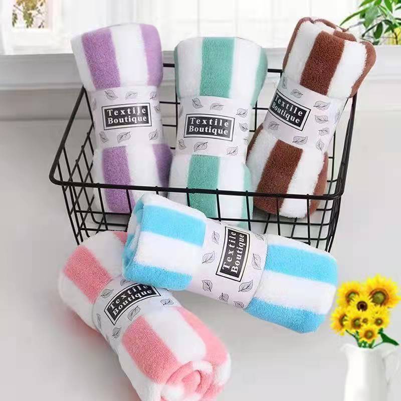 Quick-Drying Coral Fleece Towel for Face Washing Cationic Striped Warp Knitted Thickened Household Children's Bath Absorbent Bath Towel