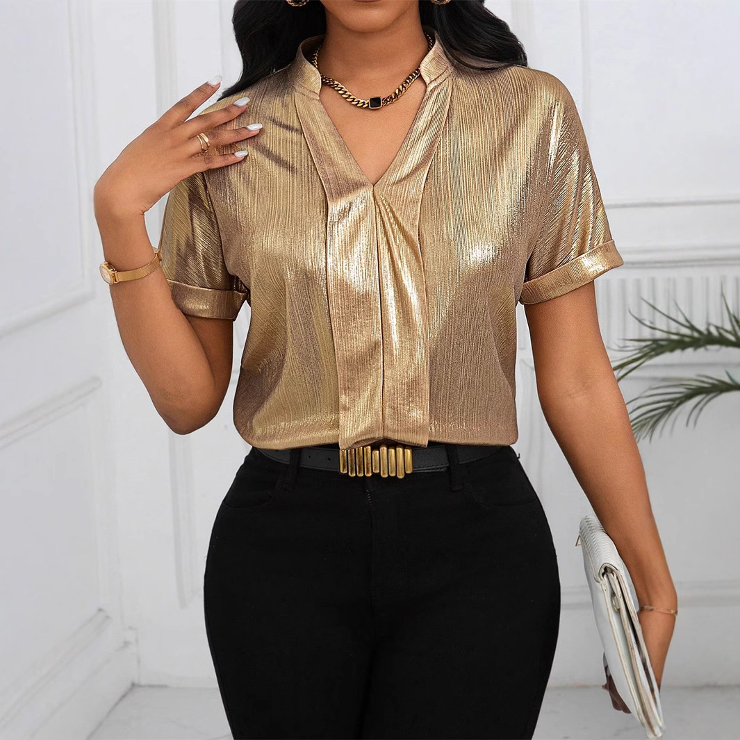 2025 Amazon Europe and the United States summer independent station AliExpress new casual loose gilded short sleeve lapel shirt women