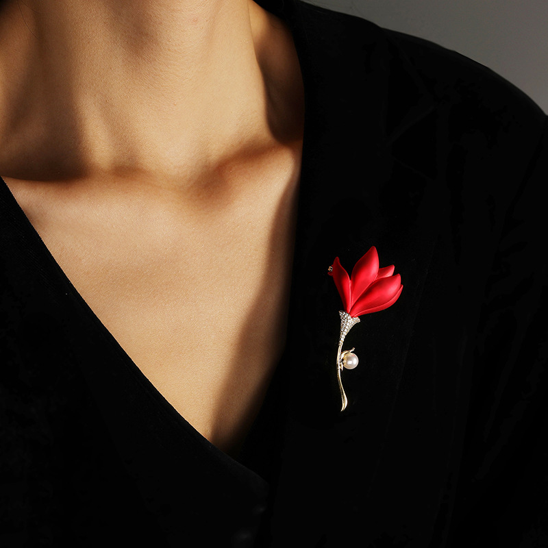 National Fashion red ethnic style cheongsam chest decoration copper zircon Pearl empty support semi-finished French brooch factory wholesale