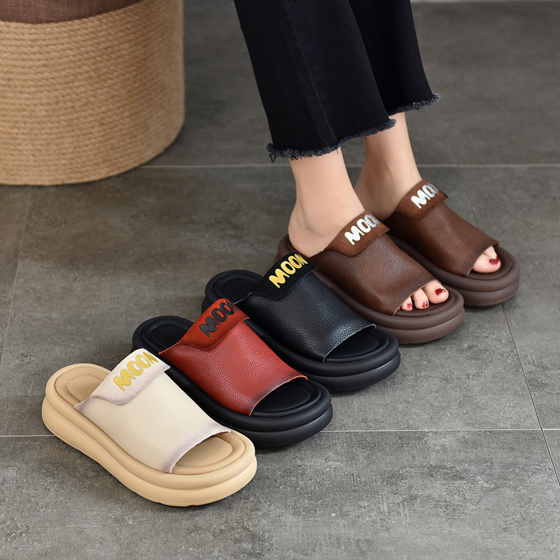 [9.9kg Pairs] Thick-Soled Slippers, Genuine Leather Sandals for Outer Wear, Summer Cowhide Slippers, Light Red
