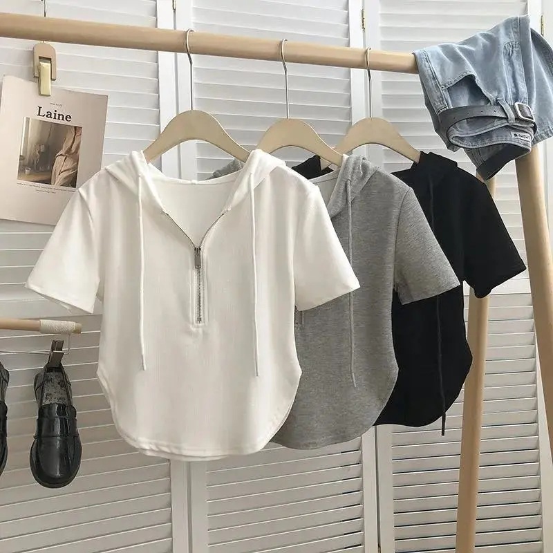 Summer Hooded Zipper Short-sleeved T-shirt Women's 2024 New Korean-style Slim-fit Short Spice Girls Pure White Top Ins