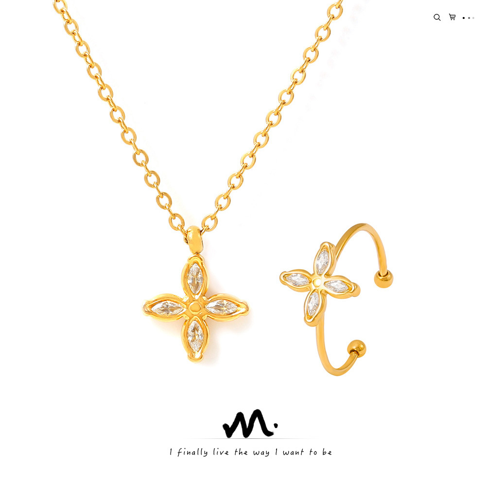 European and American Niche Four-petal Flower Zircon Pendant Collarbone Necklace Open Ring Titanium Steel Plated 18k Gold suit Women